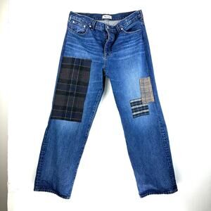 Tweed Plaid Patched upcycled Madewell jeans. Low slung straight button fly. OOAK